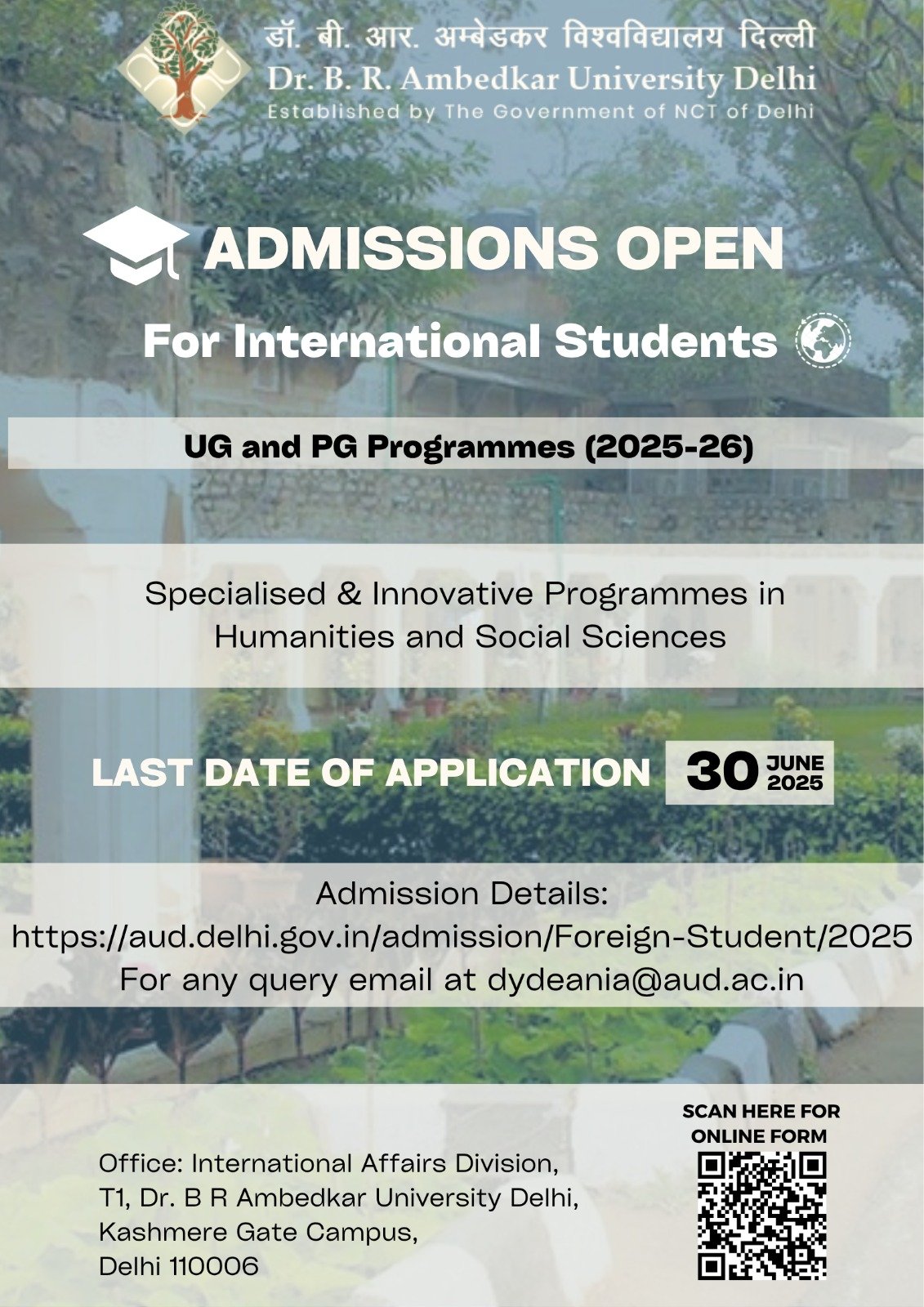 UG and PG admission Open for Foreign Students at Dr. B. R. Ambedkar Univeristy Delhi, 2025-2026