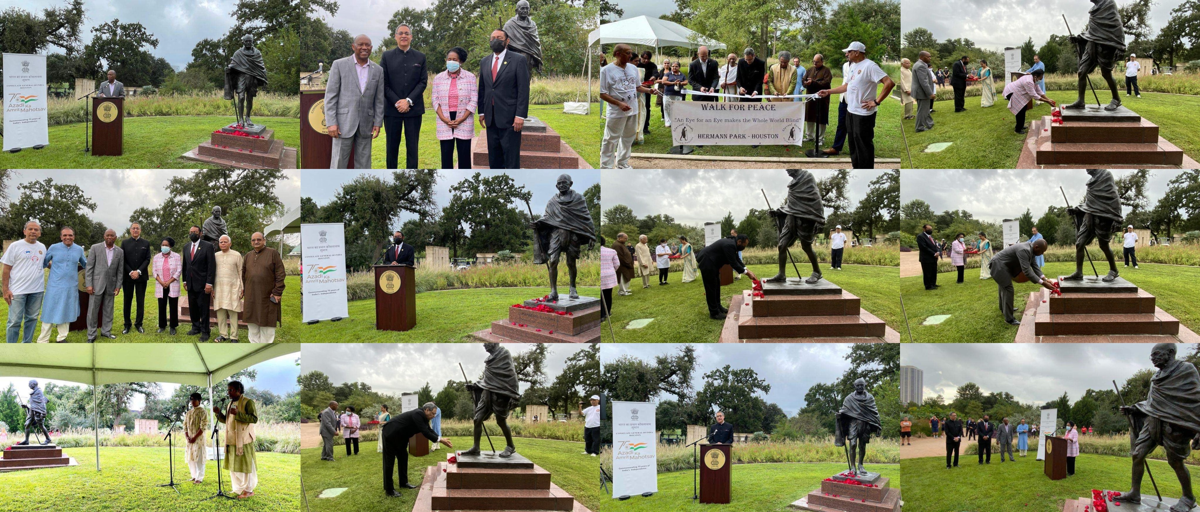  Consul General, Mayor Sylvester Turner, Congresswoman  Jackson Lee Congressman Al Green paid floral tributes to MahatmaGandhi  on the 152nd anniversary of his birthday at Mahatma Gandhi statue, Hermann Park, Houston on October 2, 2021